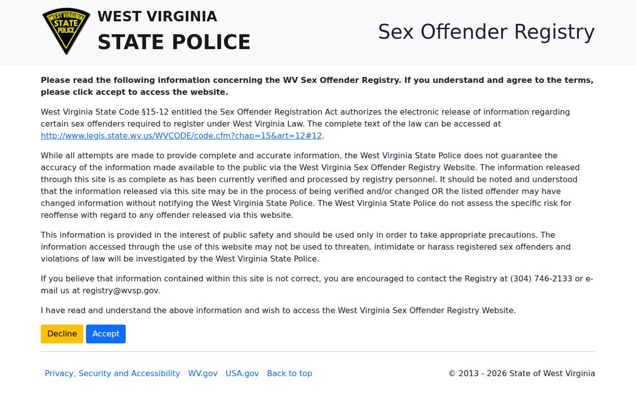 West Virginia State Police registry scope for a Braxton County release check